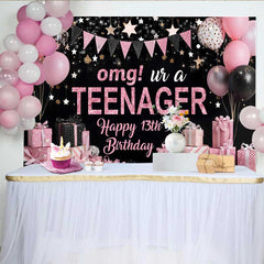Lofaris Pink Glitter OMG UR A TEENAGER Backdrop, 13th Birthday Milestone Gift Party Decoration