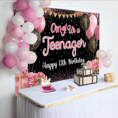Lofaris Pink Glitter Omg! Ur a Teenager 13th Birthday Backdrop, Pink and Black Milestone Party Decoration