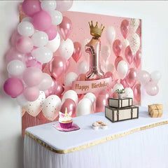 Lofaris 3D Pink and White Balloons 1st Birthday Backdrop, Gold Crown and Number 1 Party Decoration