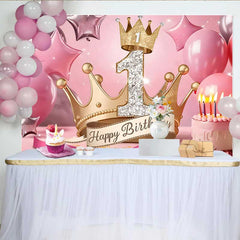 Lofaris Royal Gold Crown 1st Birthday Backdrop, Pink Stars and Cake Milestone Party Decoration