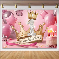 Lofaris Royal Gold Crown 1st Birthday Backdrop, Pink Stars and Cake Milestone Party Decoration