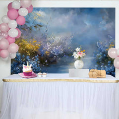 Lofaris Fine Art Blue and Gold Floral Backdrop, Dramatic Cloudy Sky Oil Painting Studio Background