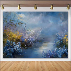 Lofaris Fine Art Blue and Gold Floral Backdrop, Dramatic Cloudy Sky Oil Painting Studio Background
