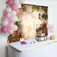 Lofaris Rustic Spring Orange Harvest Backdrop, Mediterranean Garden and Lanterns Background