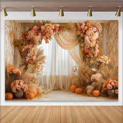 Lofaris Boho Autumn Wedding Arch Backdrop, Orange Roses Pampas Grass and Pumpkin Decoration