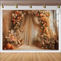 Lofaris Boho Fall Harvest Indoor Backdrop, Elegant Draping and Orange Floral Party Decoration