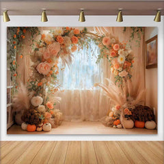 Lofaris Boho Autumn Pumpkin Arch Backdrop, Fall Floral and Pampas Grass Window Decoration