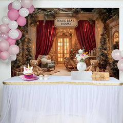 Lofaris Christmas Magic Bear House Backdrop, Red Velvet Curtains and Teddy Bear Sled Decoration