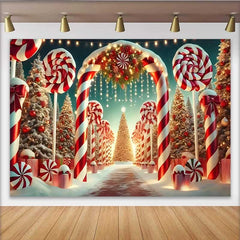 Lofaris Candy Cane Lane Christmas Backdrop, Snowy Lollipop Wonderland Party Banner for Winter Decor