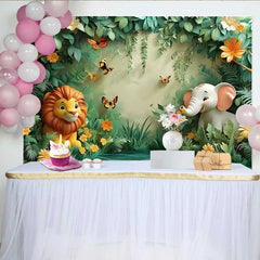 Lofaris Safari Animal Jungle Forest Backdrop, Cute Lion and Elephant Banner for Birthday Cake Smash