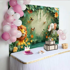 Lofaris Safari Animal Jungle Forest Backdrop, Cute Lion and Elephant Banner for Birthday Cake Smash