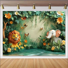 Lofaris Safari Animal Jungle Forest Backdrop, Cute Lion and Elephant Banner for Birthday Cake Smash