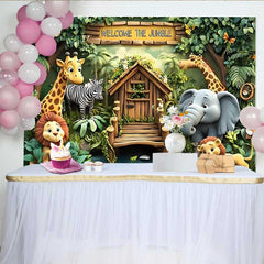 Lofaris Welcome to the Jungle Safari Backdrop, Cartoon Zoo Animals Party Banner for Kids Birthday