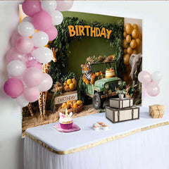 Lofaris Safari Jeep Adventure Birthday Backdrop, Jungle Animal and Balloon Party Banner for Boy