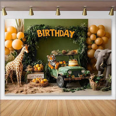 Lofaris Safari Jeep Adventure Birthday Backdrop, Jungle Animal and Balloon Party Banner for Boy