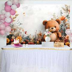 Lofaris Watercolor Teddy Bear Floral Backdrop, Boho Autumn Flower Banner for Girl Birthday Party