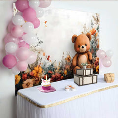 Lofaris Watercolor Teddy Bear Floral Backdrop, Boho Autumn Flower Banner for Girl Birthday Party