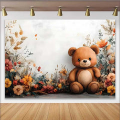 Lofaris Watercolor Teddy Bear Floral Backdrop, Boho Autumn Flower Banner for Girl Birthday Party