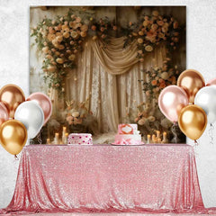 Lofaris Boho Floral Silk Backdrop, Cream Drapery and Rose Arch with Candles for Wedding