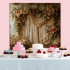 Lofaris Boho Floral Silk Backdrop, Cream Drapery and Rose Arch with Candles for Wedding