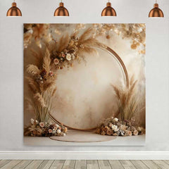 Lofaris Round Wood Boho Backdrop, Pampa Grass and Cream Rose Arch for Rustic Wedding