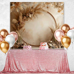 Lofaris Round Wood Boho Backdrop, Pampa Grass and Cream Rose Arch for Rustic Wedding