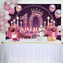 Lofaris Luxury Pink 10th Birthday Backdrop, Jeweled Crown and Roses Princess Party Banner