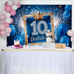 Lofaris Blue and Gold 10th Birthday Backdrop, Fireworks and Balloons Sporty Boy Party Banner