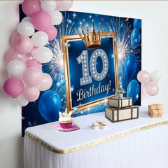 Lofaris Blue and Gold 10th Birthday Backdrop, Fireworks and Balloons Sporty Boy Party Banner