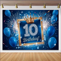 Lofaris Blue and Gold 10th Birthday Backdrop, Fireworks and Balloons Sporty Boy Party Banner