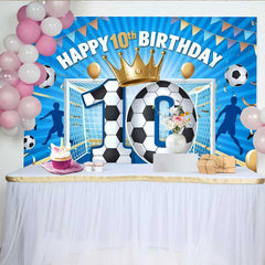 Lofaris Soccer Champion 10th Birthday Backdrop, Blue Goal and Gold Crown Sport Party Banner
