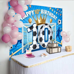 Lofaris Soccer Champion 10th Birthday Backdrop, Blue Goal and Gold Crown Sport Party Banner
