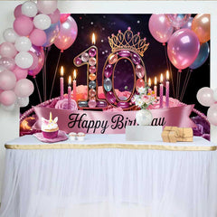 Lofaris Jeweled 10th Birthday Party Backdrop, Pink Balloons and Roses Happy Birthday Banner