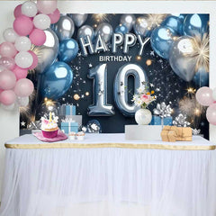 Lofaris Modern Blue and Silver 10th Birthday Backdrop, Balloon Number and Gift Box Party Banner
