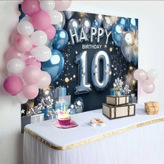 Lofaris Modern Blue and Silver 10th Birthday Backdrop, Balloon Number and Gift Box Party Banner