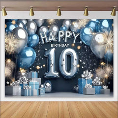 Lofaris Modern Blue and Silver 10th Birthday Backdrop, Balloon Number and Gift Box Party Banner