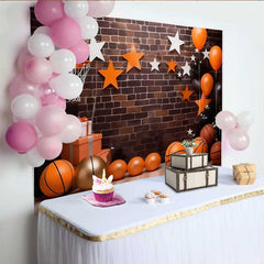 Lofaris Basketball Court Birthday Backdrop, Urban Brick Wall with Sports Gear Party Banner