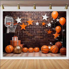 Lofaris Basketball Court Birthday Backdrop, Urban Brick Wall with Sports Gear Party Banner