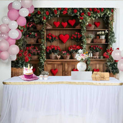 Lofaris Valentines Day Rose Garden Backdrop, Wooden Shelf with Red Hearts and Flowers Banner