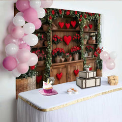 Lofaris Valentines Day Rose Garden Backdrop, Wooden Shelf with Red Hearts and Flowers Banner