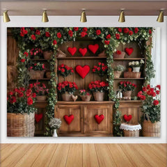 Lofaris Valentines Day Rose Garden Backdrop, Wooden Shelf with Red Hearts and Flowers Banner