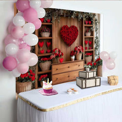 Lofaris Romantic Heart Rose Backdrop, Wooden Wall with Red Rose Heart and Floral Decor Banner