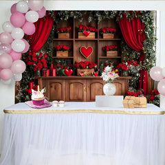 Lofaris Romantic Red Curtain Backdrop, Wooden Shelf with Hearts and Red Rose Gift Boxes Banner