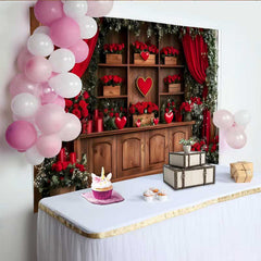Lofaris Romantic Red Curtain Backdrop, Wooden Shelf with Hearts and Red Rose Gift Boxes Banner