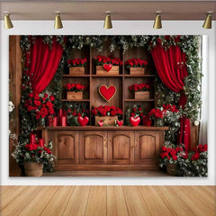 Lofaris Romantic Red Curtain Backdrop, Wooden Shelf with Hearts and Red Rose Gift Boxes Banner