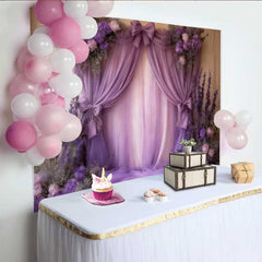 Lofaris Royal Purple Wedding Backdrop, Lavender Draping with Floral Clusters and Center Bow