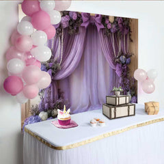 Lofaris Luxury Purple Wedding Backdrop, Lavender Draping with Pink Bows and Pearl Accents