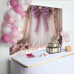 Lofaris Soft Floral Wedding Backdrop, Pink and Lavender Draping with Purple Bow and Roses
