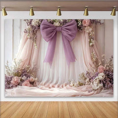 Lofaris Soft Floral Wedding Backdrop, Pink and Lavender Draping with Purple Bow and Roses