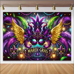 Lofaris Mardi Gras Carnival Mask Backdrop, Golden Wings and Purple Feathers Party Banner